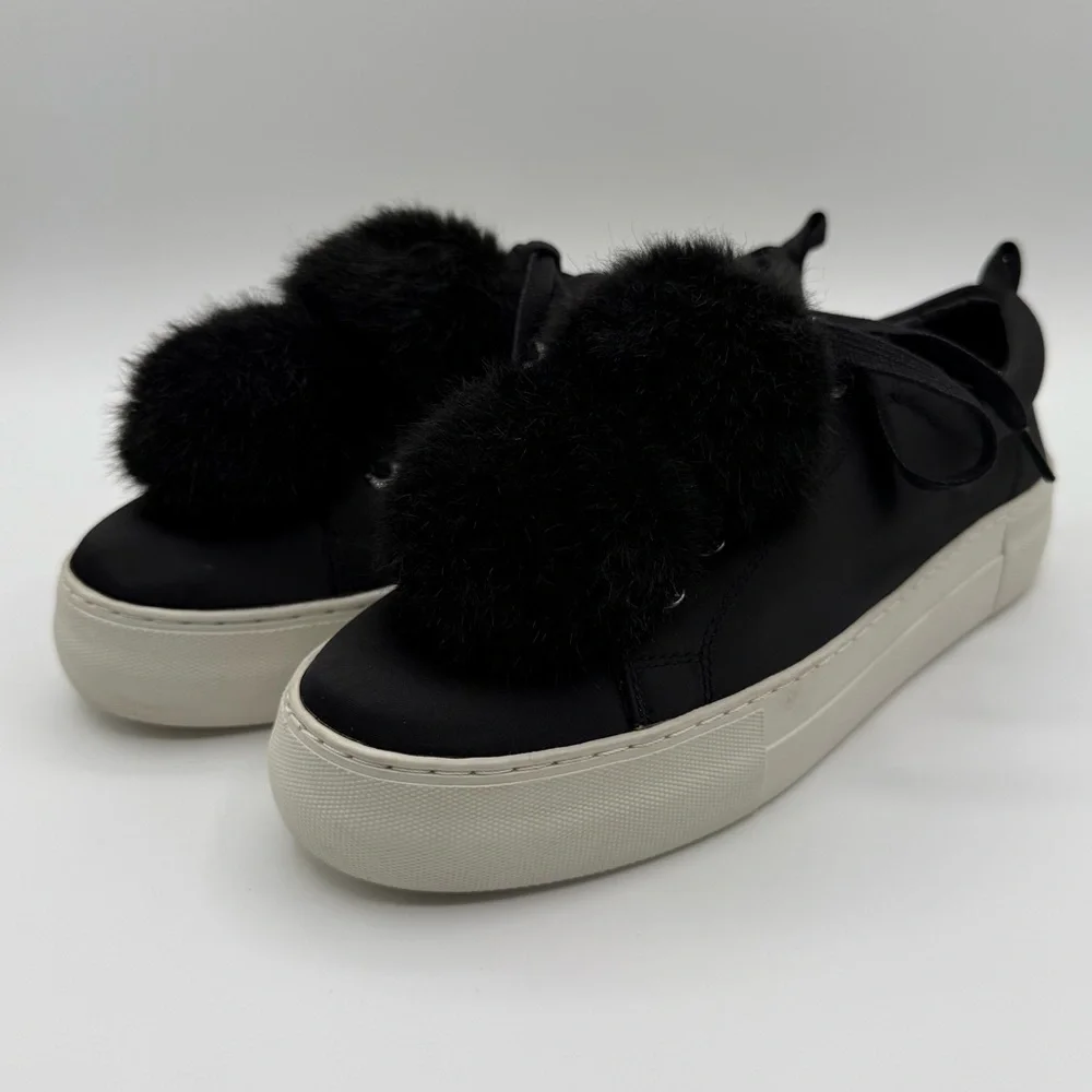 J/SLIDES Faux Fur Pom Pom Satin Platform Lace-Up Black Women’s Sneakers Size 7 - Picture 11 of 14
